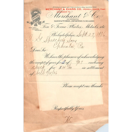 1906 Merchant & Evans Co Importers Philadelphia Letterhead Billhead Receipt D11