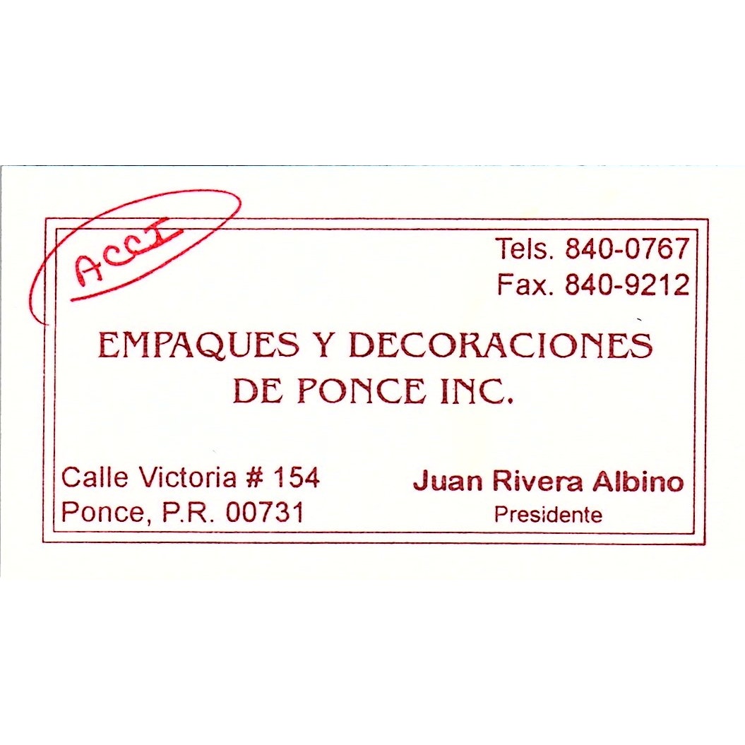 Juan Rivera Albino Empaques Y Decoraciones De Ponce PR Business Card SC9-B10
