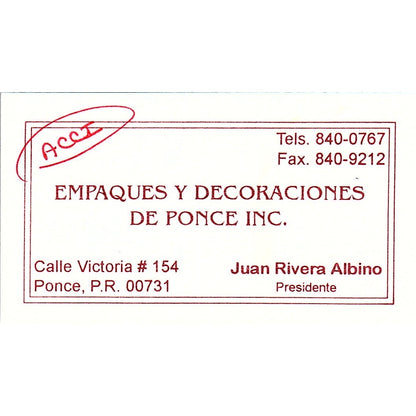 Juan Rivera Albino Empaques Y Decoraciones De Ponce PR Business Card SC9-B10