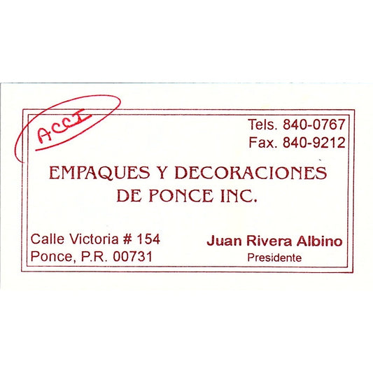 Juan Rivera Albino Empaques Y Decoraciones De Ponce PR Business Card SC9-B10