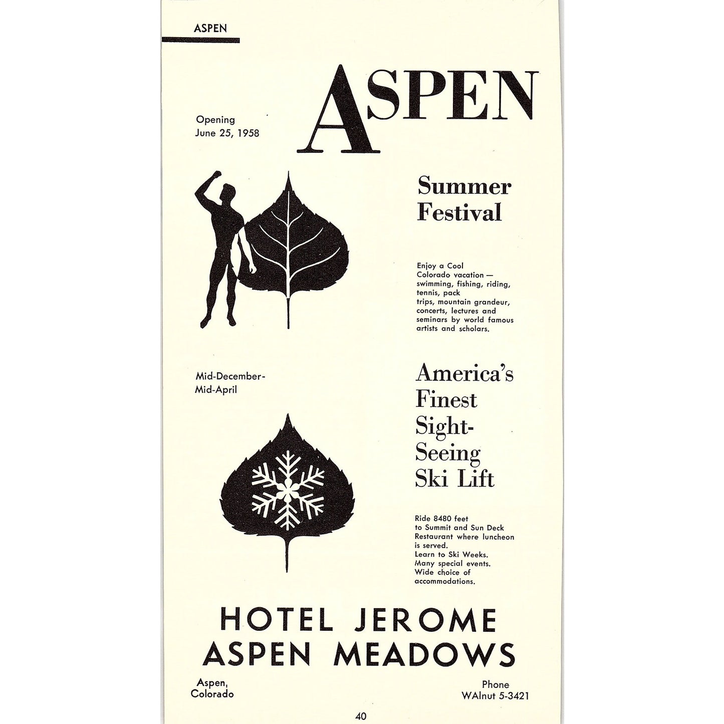 Hotel Jerome Aspen Meadows Aspen Summer Festival CO 1958 Ad AG1-8