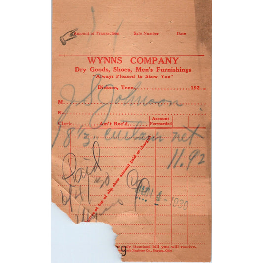 1920s Wynns Company Dry Goods Dickson TN Letterhead Receipt D18