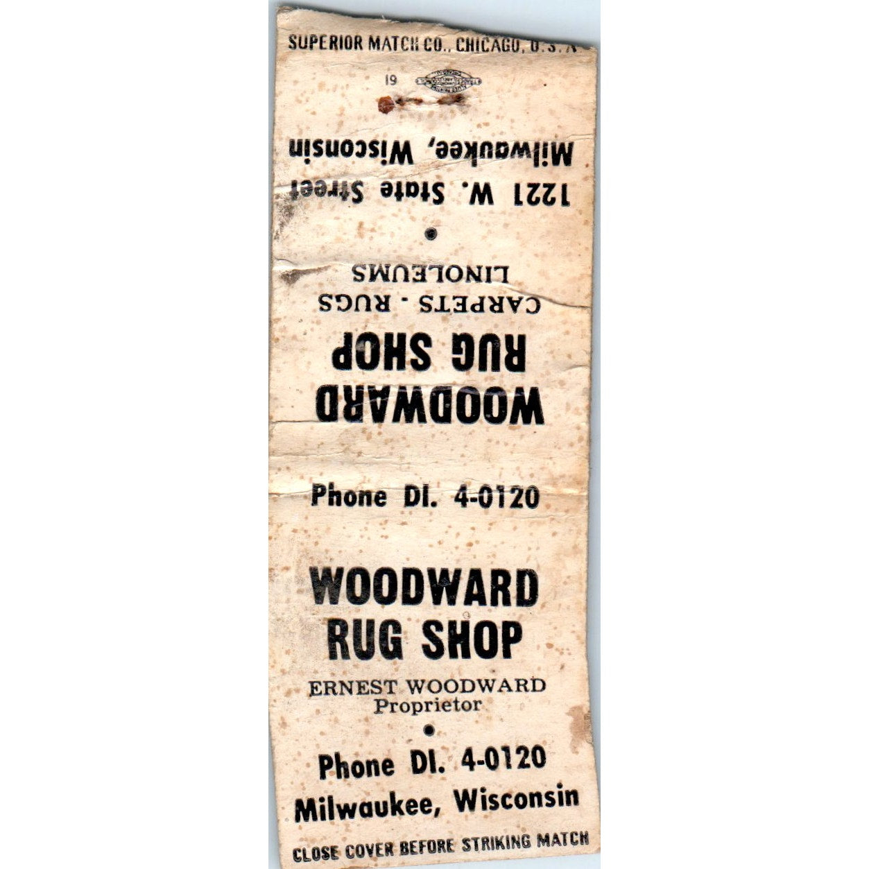 Woodward Rug Shop Ernest Woodward Milwaukee WI Vintage Matchbook Cover SD4-Y8