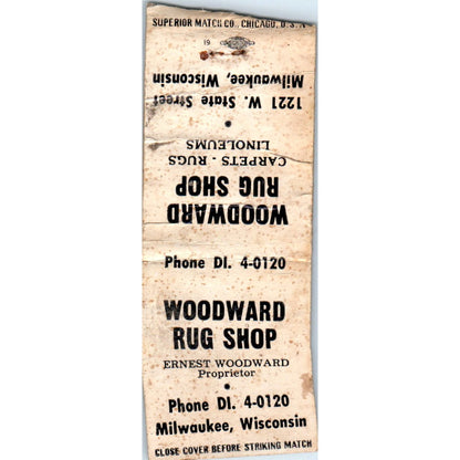Woodward Rug Shop Ernest Woodward Milwaukee WI Vintage Matchbook Cover SD4-Y8