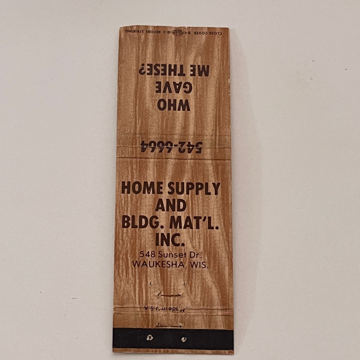 Home Supply & Building Material Waukesha WI Vintage Matchbook Cover MB59-3