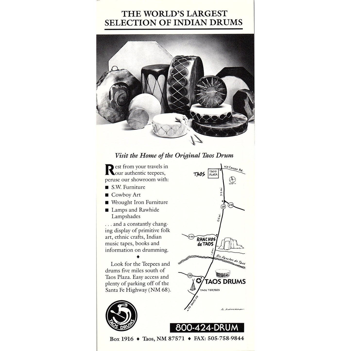 Taos Drums Factory Outlet Taos NM Vintage Tourist Travel Leaflet TH2-TB1