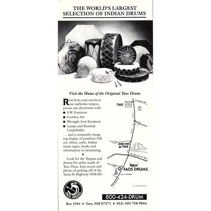 Taos Drums Factory Outlet Taos NM Vintage Tourist Travel Leaflet TH2-TB1