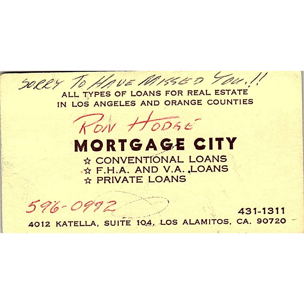 Ron Hodge Mortgage City Los Alamitos CA Vintage Business Card SD9-B4