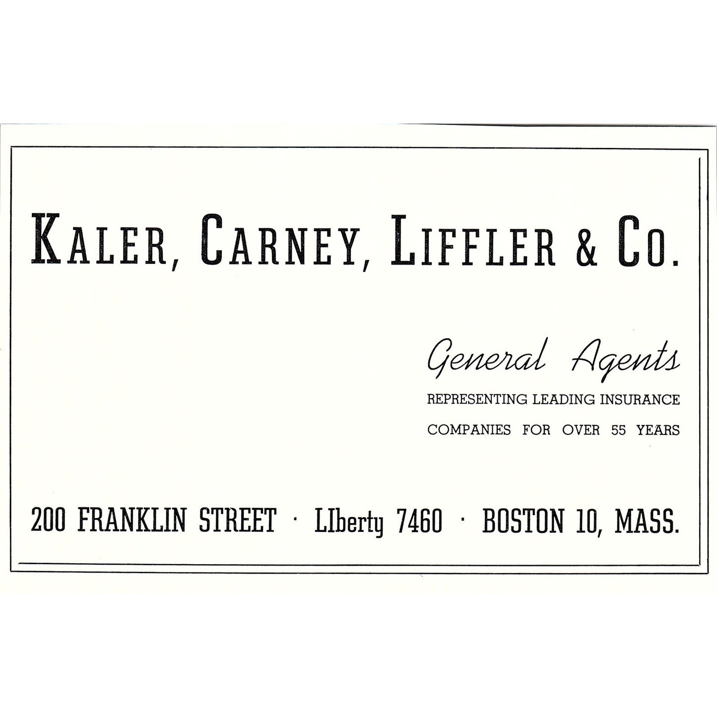 Kaler, Carney, Liffler & Co Ins 200 Franklin Street Boston 1950 Ad AF6-6