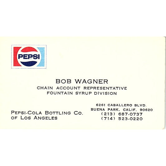 Bob Wagner Pepsi Cola Bottling Co Buena Park CA Vintage Business Card SD9-B10