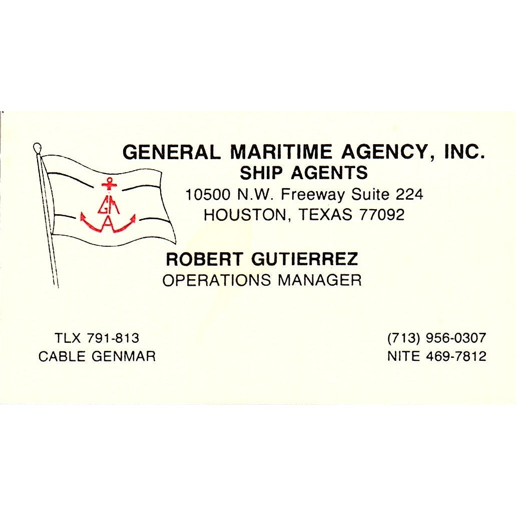 Robert Gutierrez General Maritime Agency Houston Vintage Business Card SC9-B7