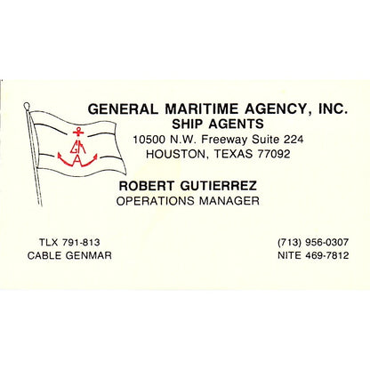 Robert Gutierrez General Maritime Agency Houston Vintage Business Card SC9-B7