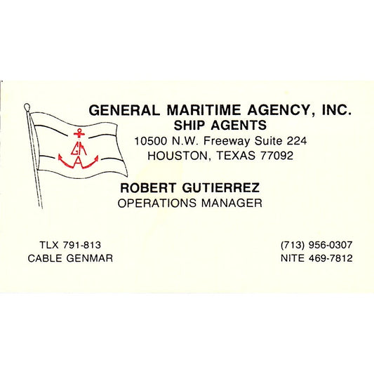 Robert Gutierrez General Maritime Agency Houston Vintage Business Card SC9-B7