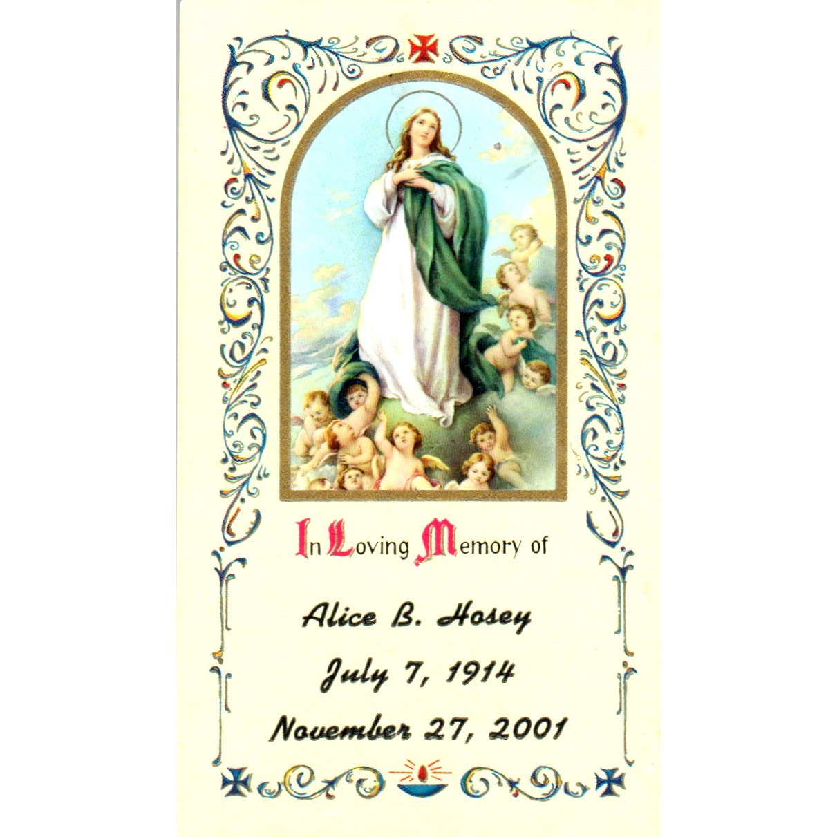 2001 Alice B. Hosey Funeral Prayer Card TH2-PC1