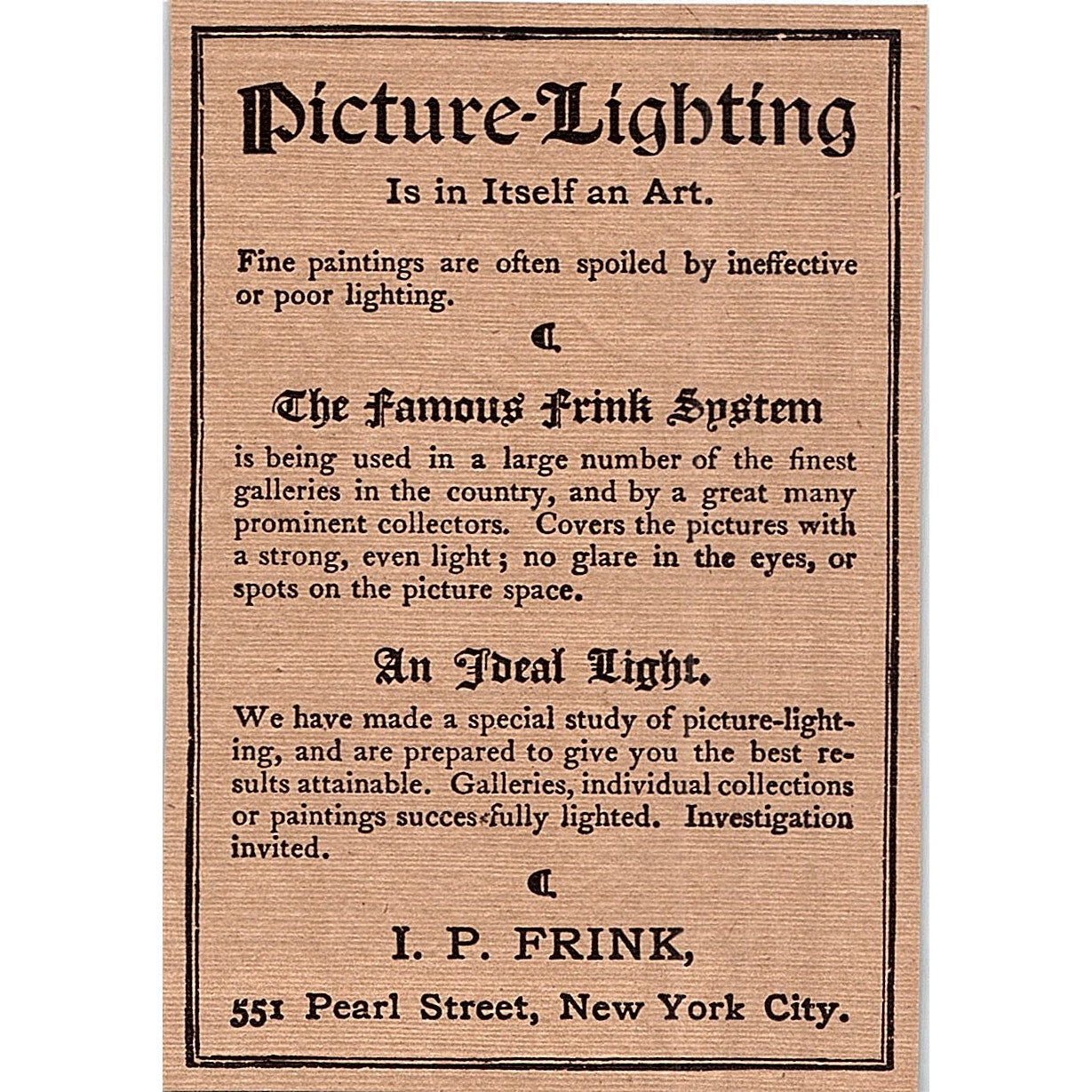 I.P. Frink Picture Lighting 551 Pearl St. New York - 1904 Ad AF4-6