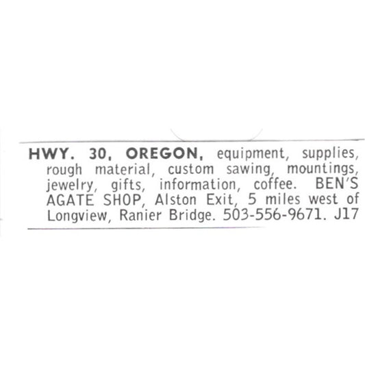 Ben's Agate Shop Hwy 30 Longview Rainier Bridge Oregon 1972 Ad AF8-S26