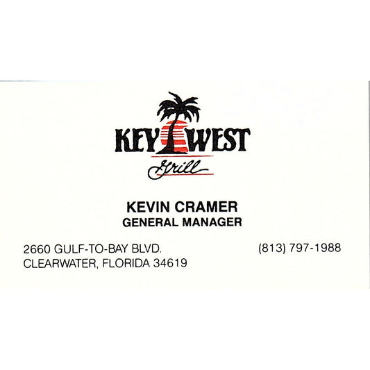 Kevin Cramer Key West Grill Clearwater FL Vintage Business Card SD9-B14