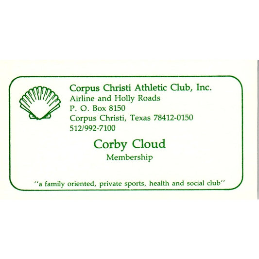 Corby Cloud Corpus Christi Athletic Club Vintage Business Card SC9-B1