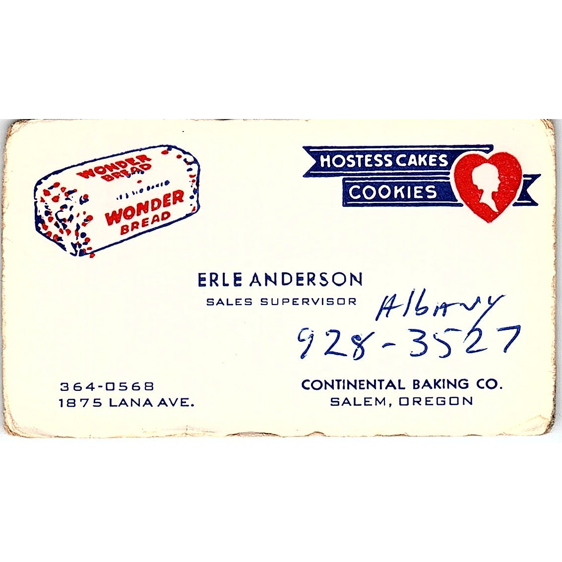 Erle Anderson Hostess Cakes Salem OR Vintage Business Card SD9-B8