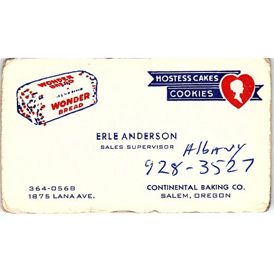 Erle Anderson Hostess Cakes Salem OR Vintage Business Card SD9-B8