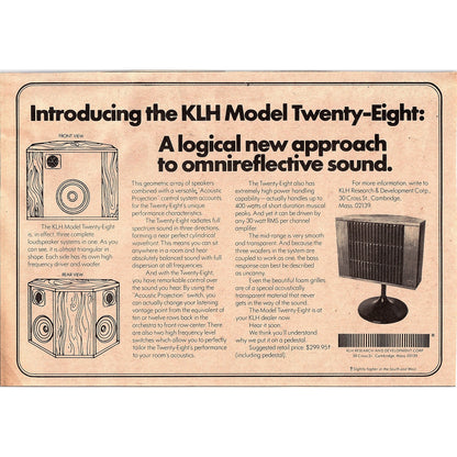 KLH Model Twenty-Eight Omnireflective Sound Speaker 6.5x9.5 1974 Ad AF6-18