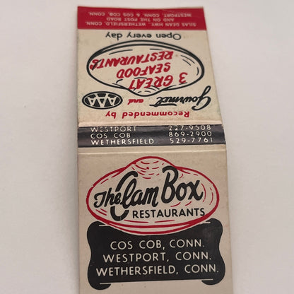 The Clam Box Restaurant Cos Cob, Westport, Wethersfield CT Matchbook TB8-MB2-3