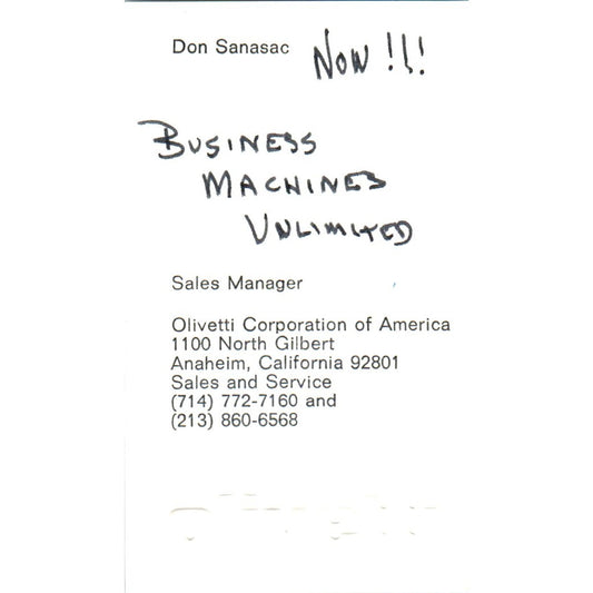 Don Sanasac Olivetti Anaheim CA Vintage Business Card SE3-B3