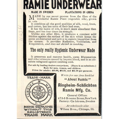Root's Underwear New York c1905 Original Magazine Advertisement AE7-A1