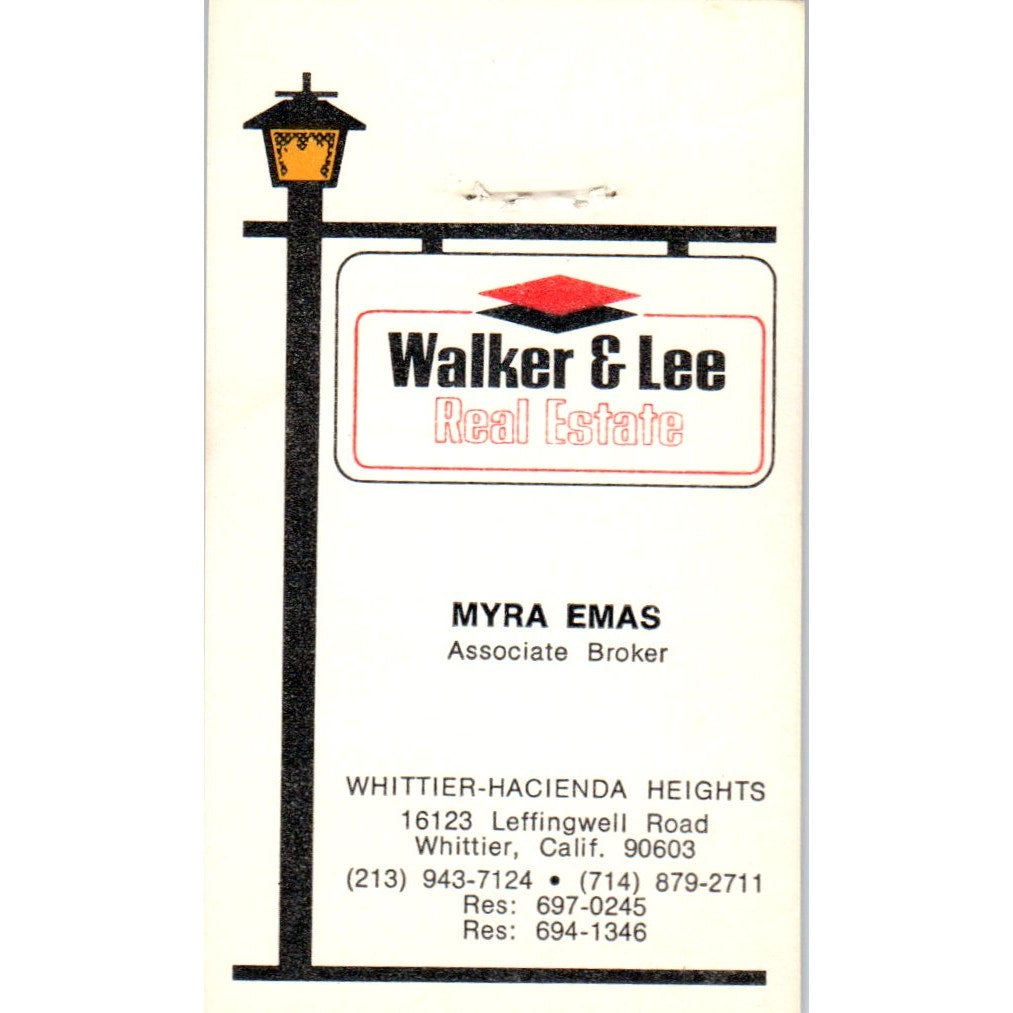 Myra Emas Walker & Lee Real Estate Whittier CA Vintage Business Card SD4-B5