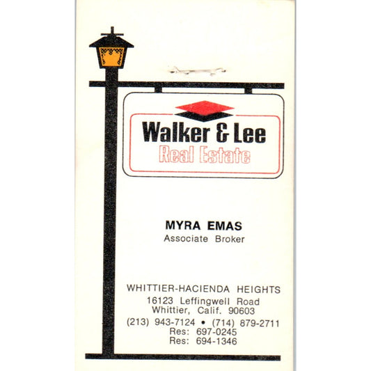 Myra Emas Walker & Lee Real Estate Whittier CA Vintage Business Card SD4-B5