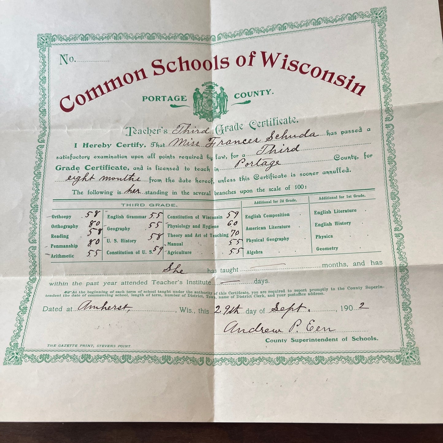 1902 Portage Cty 3rd Grade Cert Frances Schunda Andrew P. Een Amherst WI TH2-OP5