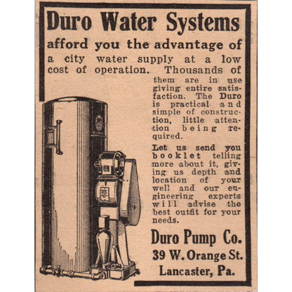 Duro Water Co Pump Systems Lancaster PA 1922 Magazine Ad AF2-S9