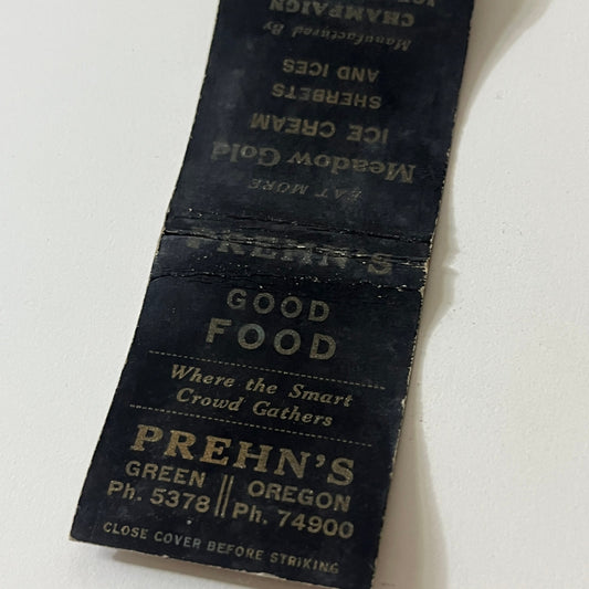 Prehn's Good Food Green Oregon Champaign Ice Cream Co Vtg Matchbook TB6-MB2-11