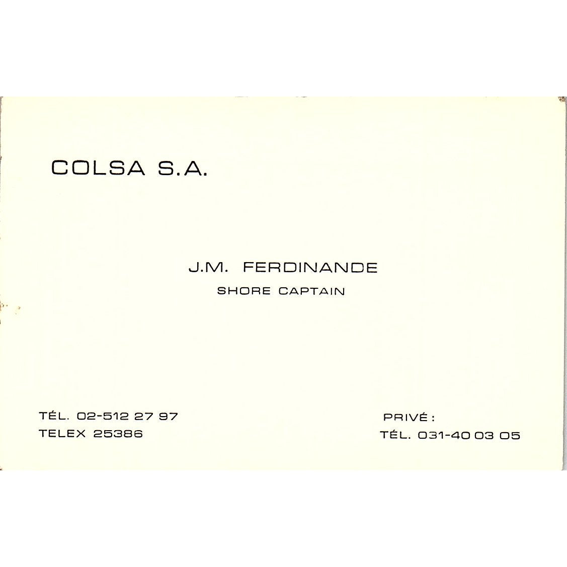 J.M. Ferdinande Shore Captain Colsa S.A. Vintage Business Card TH2-B1