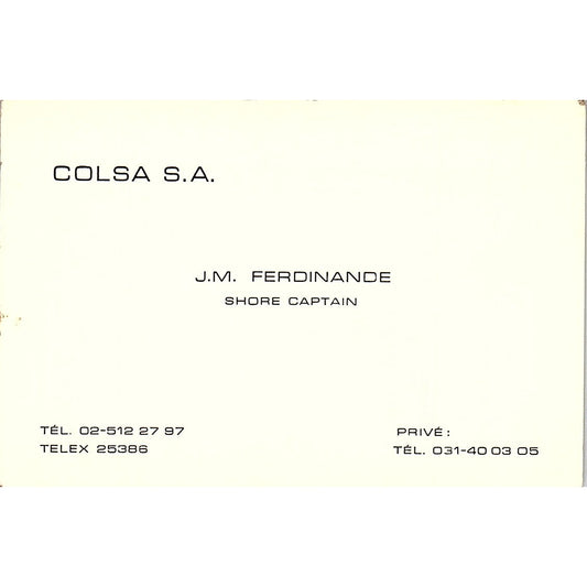 J.M. Ferdinande Shore Captain Colsa S.A. Vintage Business Card TH2-B1
