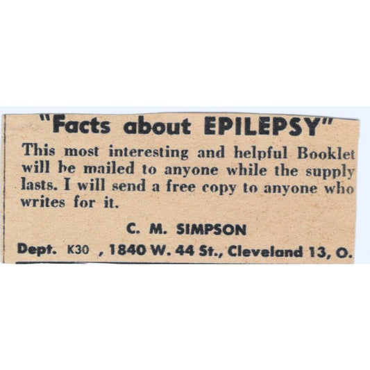 Epilepsy Facts by Mail C.M. Simpson Cleveland Ohio 1943 Magazine Ad AB9-NPG