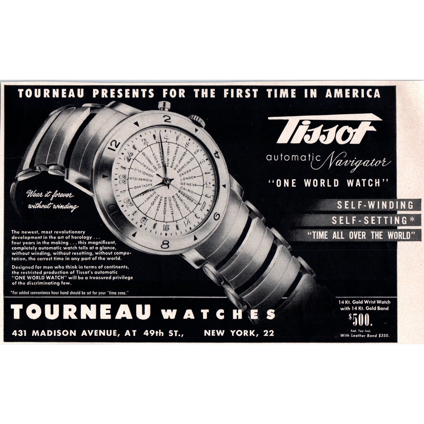 Tissot Tourneau Watches NY 1951 Magazine Ad AF1-MF1