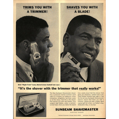 Vintage Sunbeam Razor Dick Night Train Lane Lions NFL Football Ad 9.5x13" V1-1