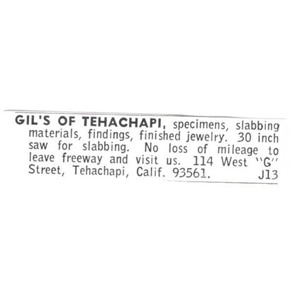 Gil's of Tehachapi Lapidary Specimens Tehachapi California 1972 Ad AF8-S23