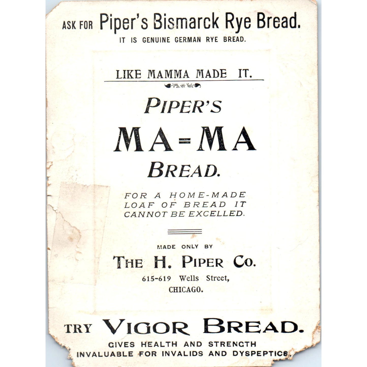 Piper's Bismark Rye Bread H. Piper Chicago c1880 Victorian Trade Card AE2