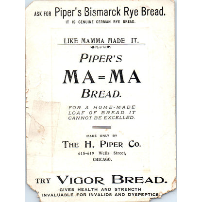 Piper's Bismark Rye Bread H. Piper Chicago c1880 Victorian Trade Card AE2