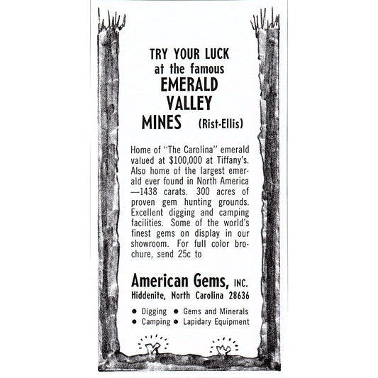 American Gems Inc Emerald Valley Mines Hiddenite NC 1972 Ad AF8-M3