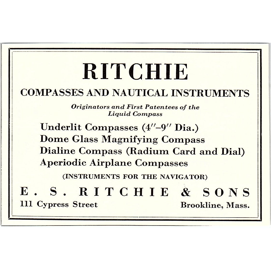 E.S. Ritchie & Sons Compassess Nautical Instruments Brookline MA 1932 Ad AG2-M18