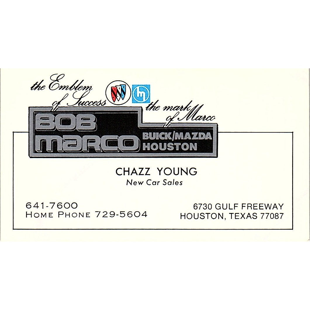 Chazz Young Bob Marco Buick Mazda Houston Vintage Business Card SD9-B6