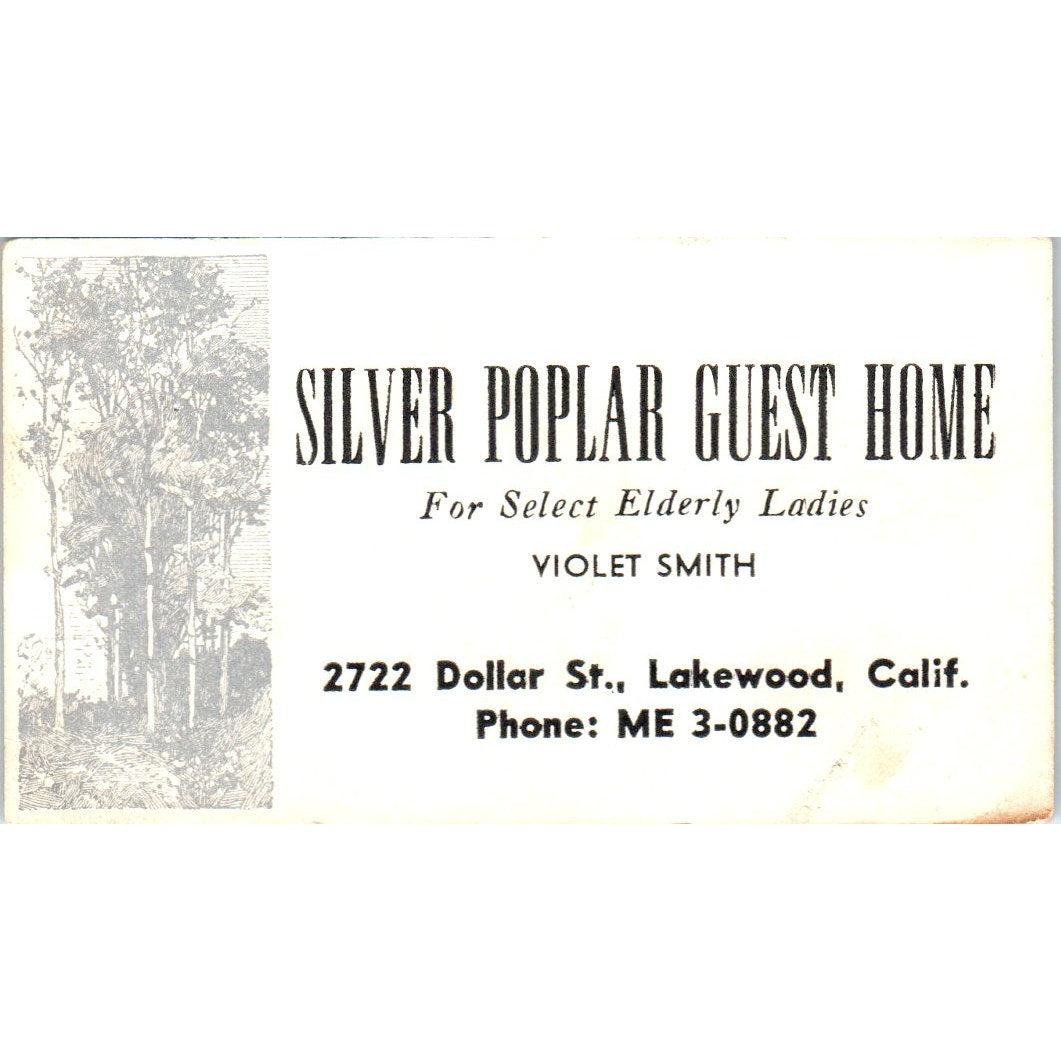 Silver Poplar Guest Home Violet Smith Lakewood CA Vintage Business Card SD8-B22
