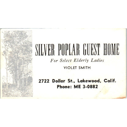 Silver Poplar Guest Home Violet Smith Lakewood CA Vintage Business Card SD8-B22