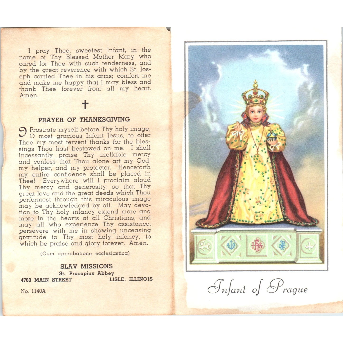 Infant of Prague Slav Missions St Procopius Abbey Vintage Prayer Leaflet TH2-PC2
