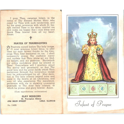 Infant of Prague Slav Missions St Procopius Abbey Vintage Prayer Leaflet TH2-PC2