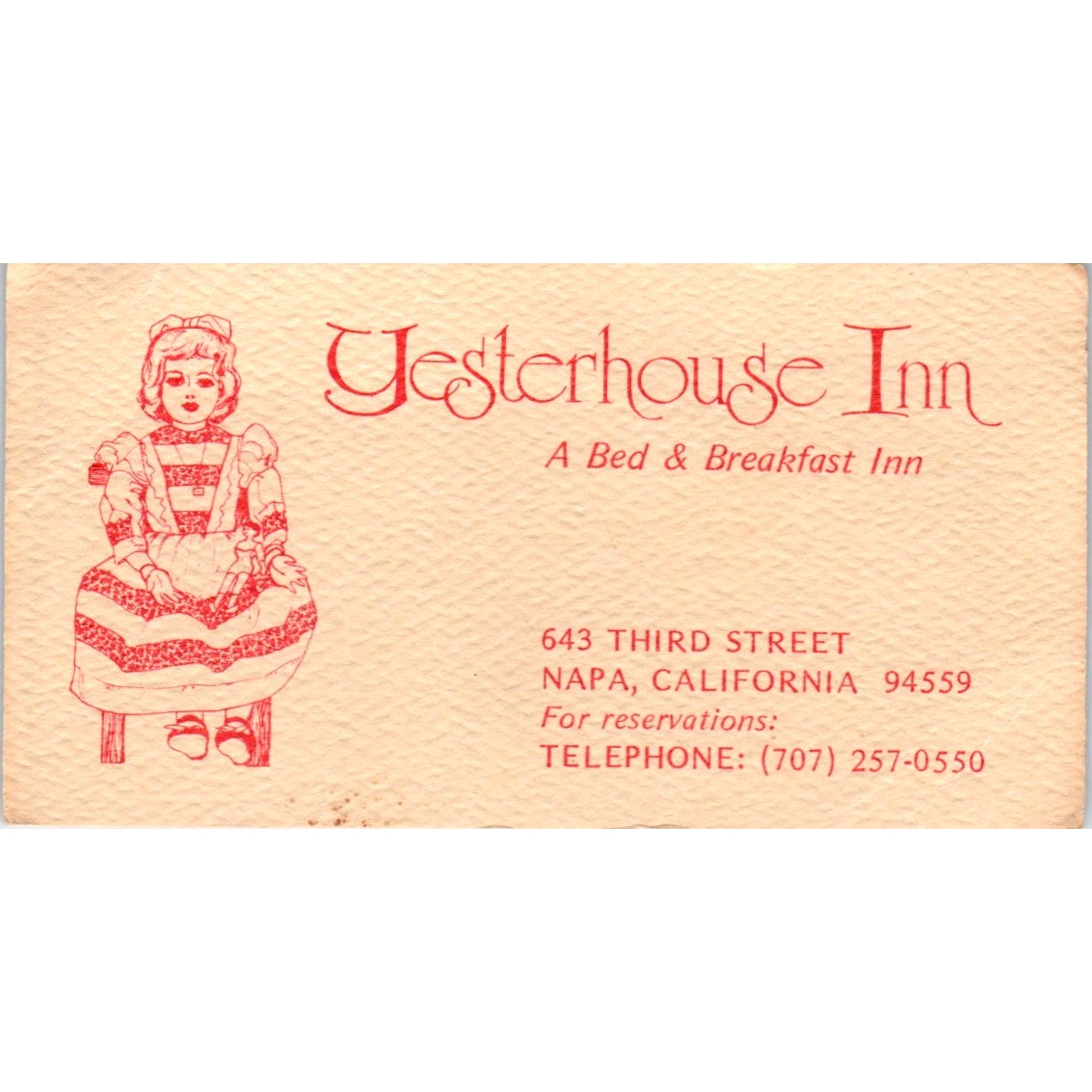 Yesterhouse Inn Bed & Breakfast Napa CA Vintage Business Card SE3-B1