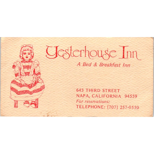 Yesterhouse Inn Bed & Breakfast Napa CA Vintage Business Card SE3-B1